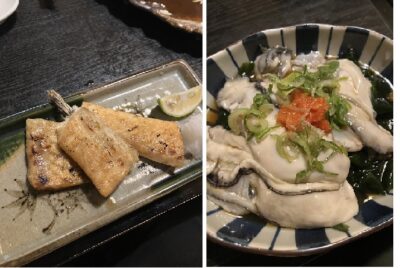 鮭ハラス焼きと生カキのポン酢和え